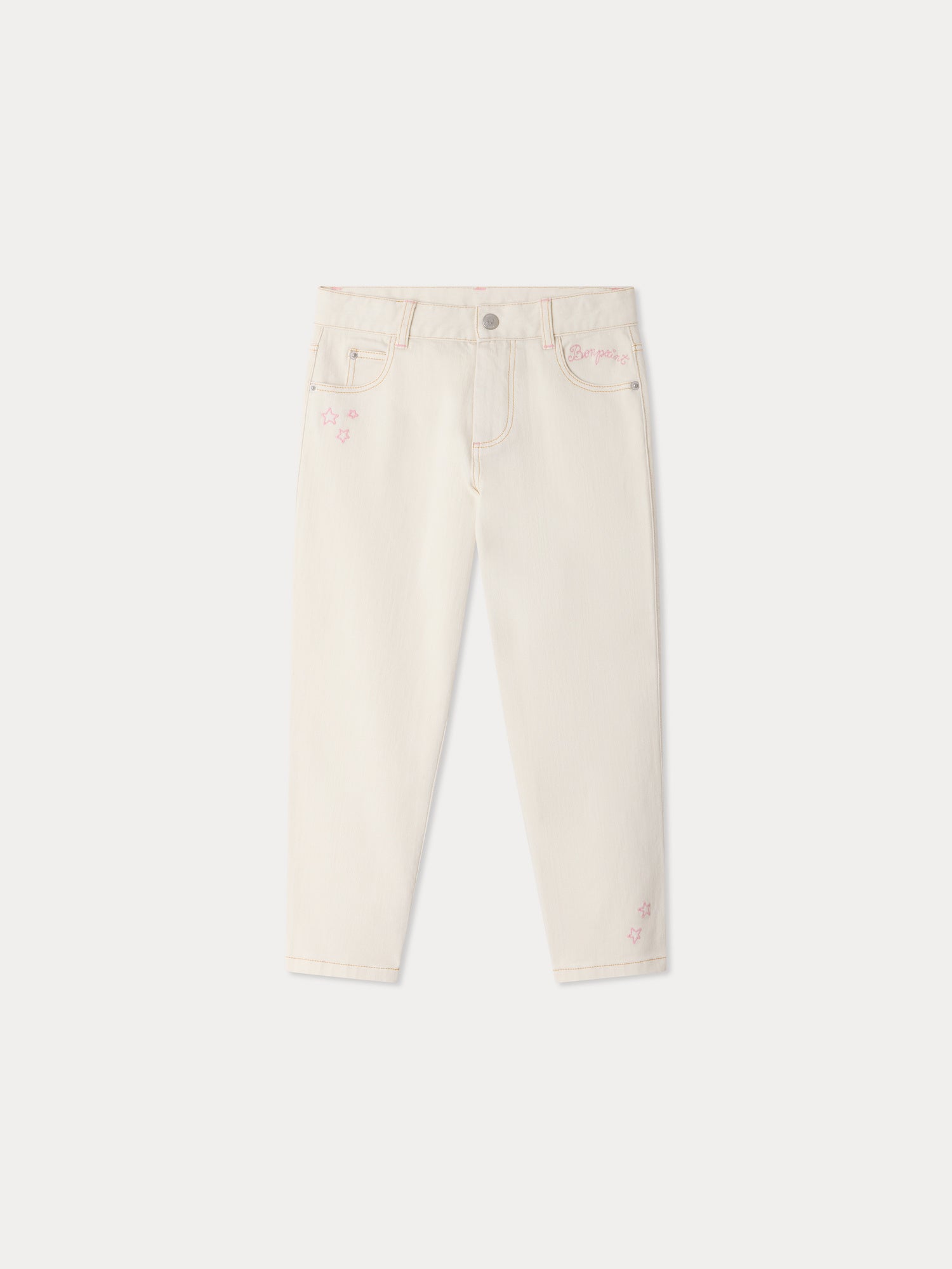 straight-leg denim trousers with embroidered patterns in organic cotton