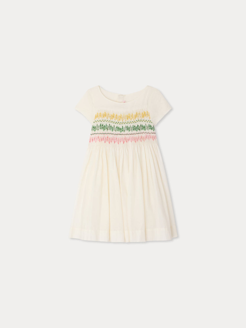 Robe smockée et brodée main en coton biologique, motif tie-dye