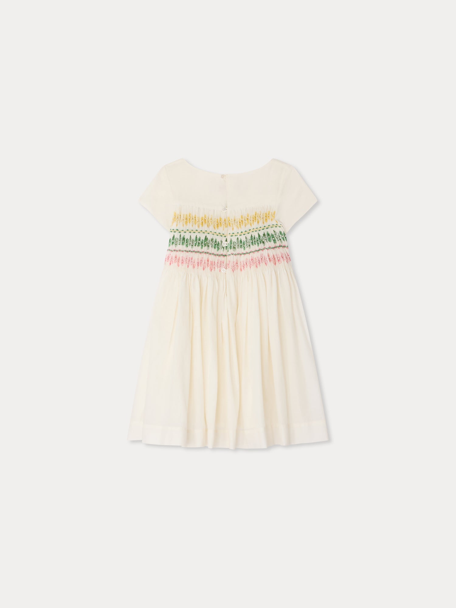 Robe smockée et brodée main en coton biologique, motif tie-dye