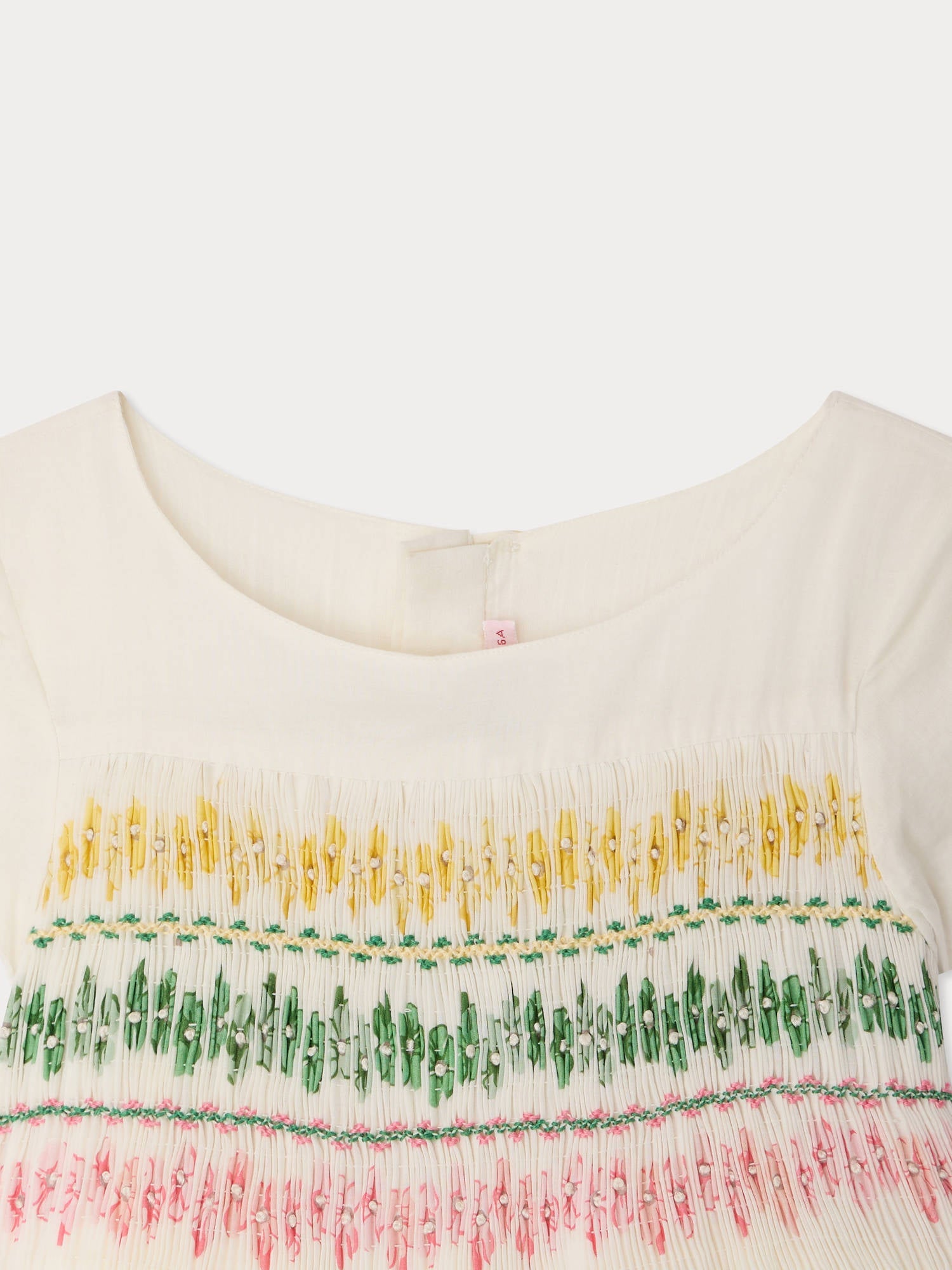 Robe smockée et brodée main en coton biologique, motif tie-dye