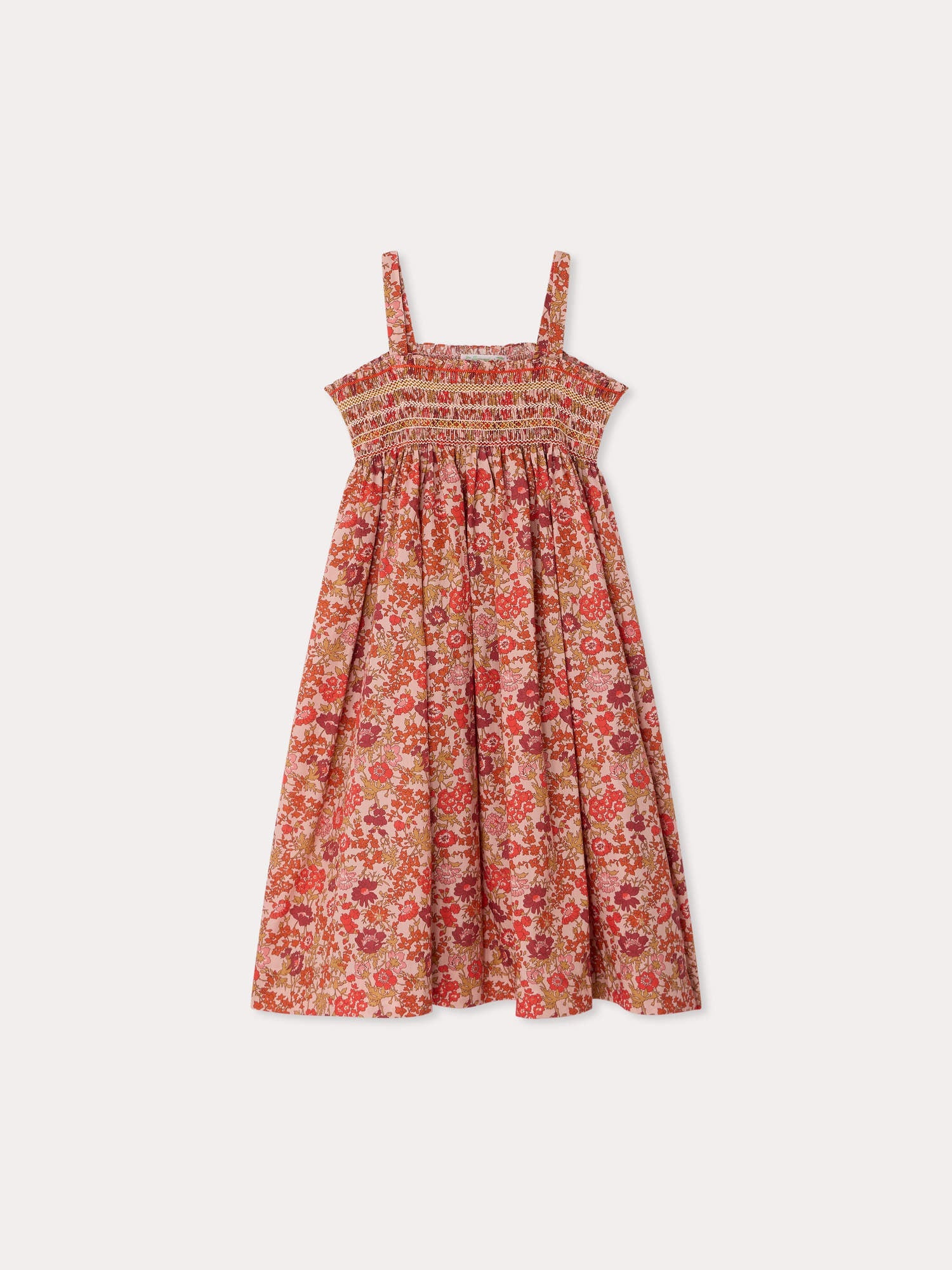 smocked and hand-embroidered dress in organic cotton fabric