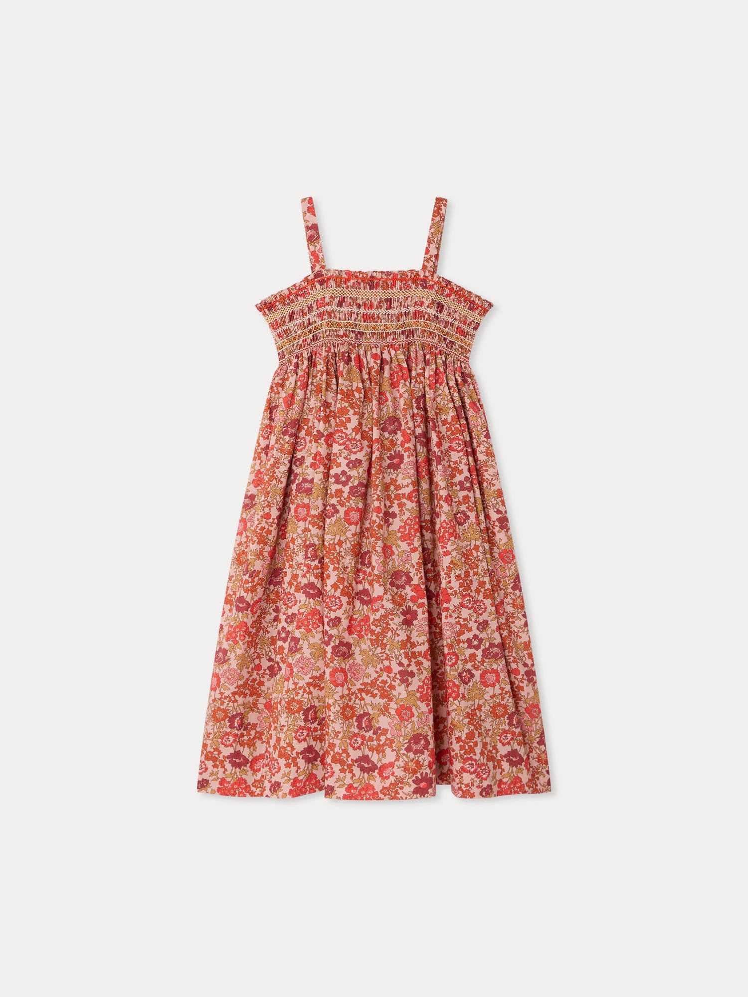 smocked and hand-embroidered dress in organic cotton fabric