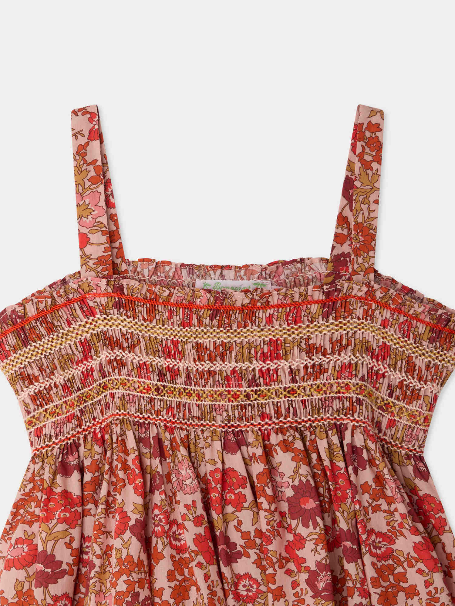 smocked and hand-embroidered dress in organic cotton fabric