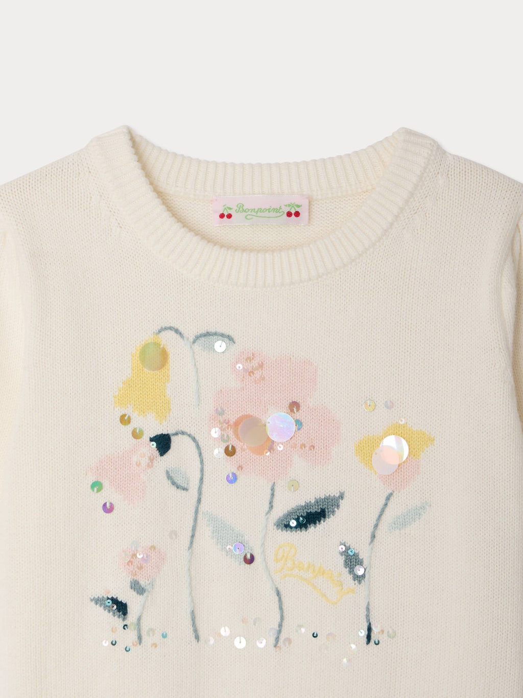pull jacquard à fleurs brodées main en coton bio et cachemire