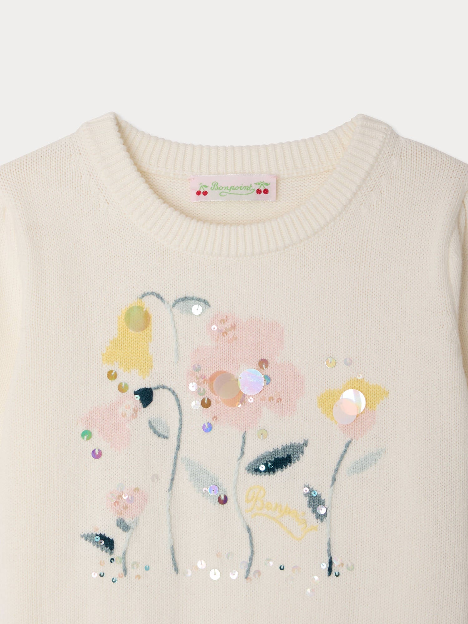pull jacquard à fleurs brodées main en coton bio et cachemire